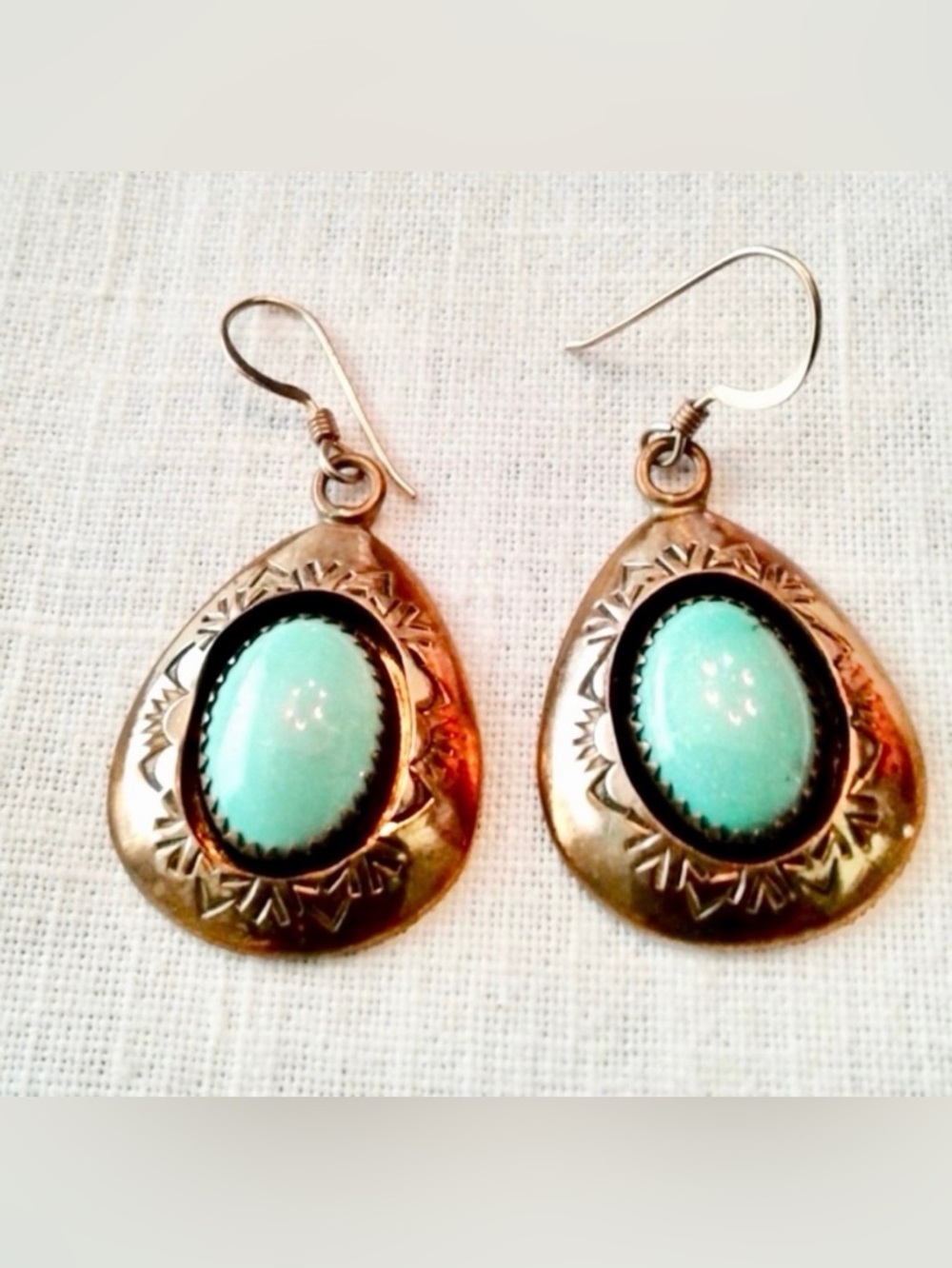 Native American Teddy Goodluck Navajo Vintage Turquoise 12 Kt Gold Earrings - Picture 1 of 10